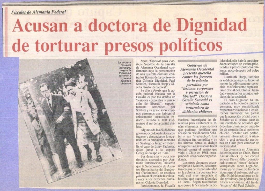 1988 abril 05 –Fortín Mapocho – Fiscales de Alemania Federal acusan a doctora de dignidad de torturar presos políticos 