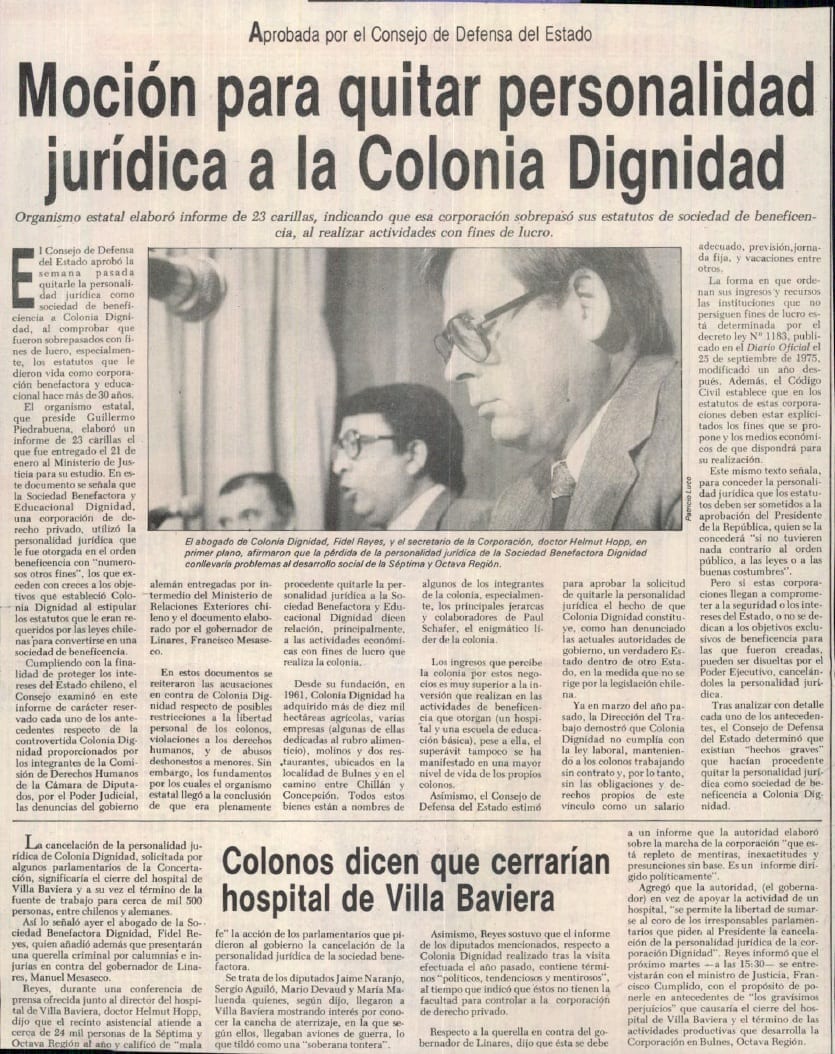 1991 enero 27 – La Nación – Aprobada por el Consejo de Defensa del Estado Moción para quitar personalidad jurídica a la Colonia Dignidad 