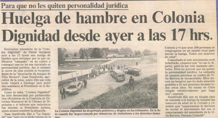 1991 enero 30 – La Segunda – Para que no les quiten personalidad jurídica huelga de hambre en Colonia Dignidad desde ayer a las 17hrs 