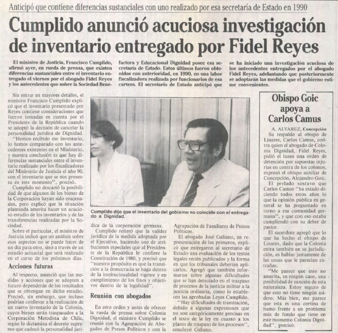1991 octubre 27 –La Época – Cumplido anunció acuciosa investigación de inventario por Fidel Reyes 