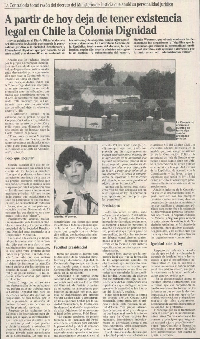 1991 febrero 16 - La Época - A partir de hoy deja de tener existencia legal en Chile la Colonia Dignidad