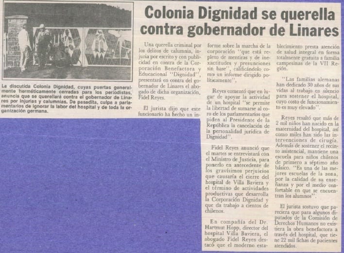 1991 enero 27 - La Cuarta - Colonia Dignidad se querella contra gobernador de Linares